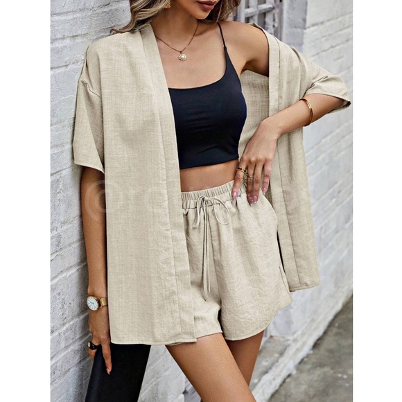 2 Piece Set: Beige / Khaki Kimono Shirt and Shorts - Picture 5 of 6